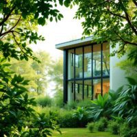 Un bâtiment moderne et durable avec de grandes fenêtres, entouré d'une verdure luxuriante, présentant un design écologique et un sentiment de tranq...