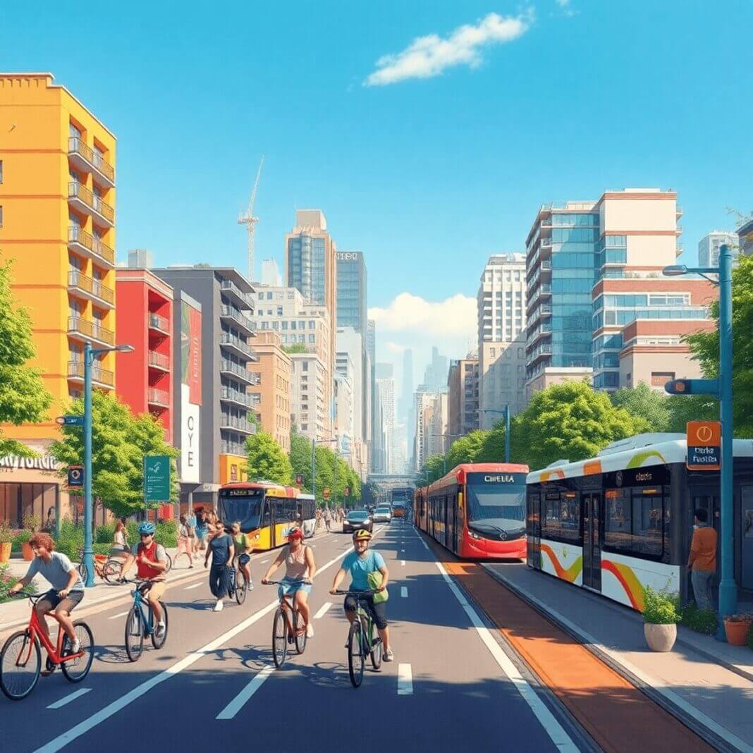 Un paysage urbain animé avec des bicyclettes, des piétons et des transports en commun, entouré d'espaces verts et de bâtiments modernes, mettant en...