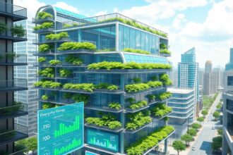 Un bâtiment intelligent futuriste avec des panneaux solaires et des jardins verticaux, situé dans un environnement urbain dynamique, présentant des...