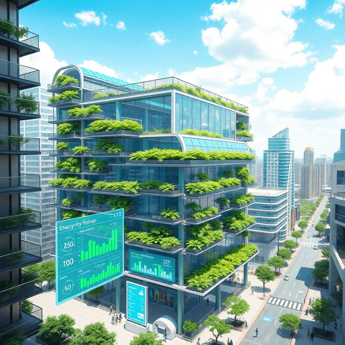 Un bâtiment intelligent futuriste avec des panneaux solaires et des jardins verticaux, situé dans un environnement urbain dynamique, présentant des...