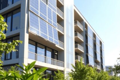 Un bâtiment moderne avec des panneaux solaires sur sa façade, entouré de verdure luxuriante, mettant en avant la durabilité et l'énergie renouvelab...