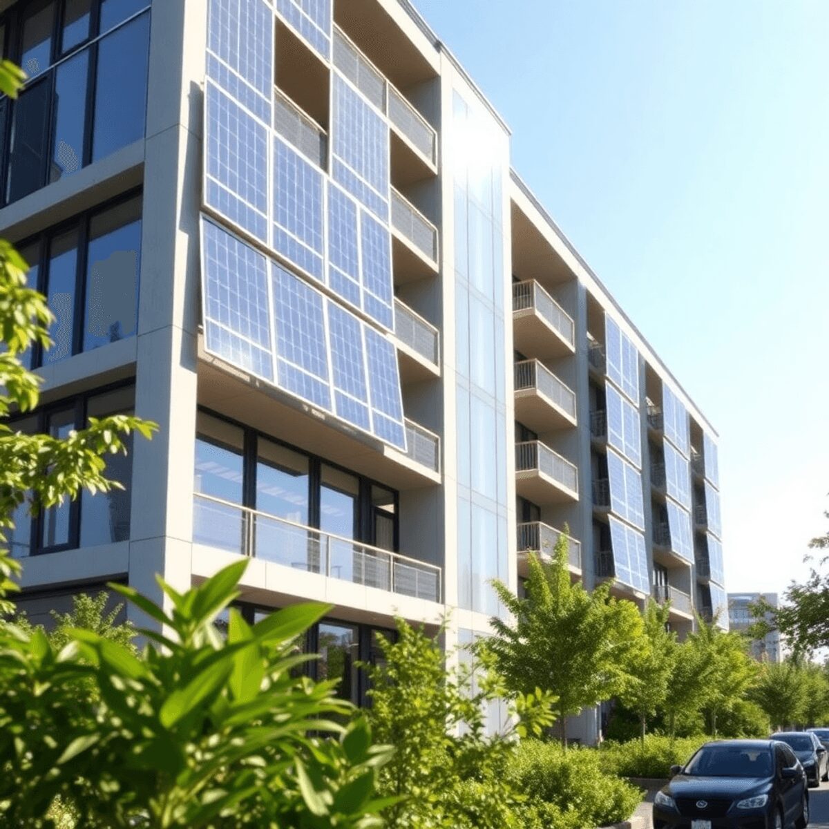 Un bâtiment moderne avec des panneaux solaires sur sa façade, entouré de verdure luxuriante, mettant en avant la durabilité et l'énergie renouvelab...