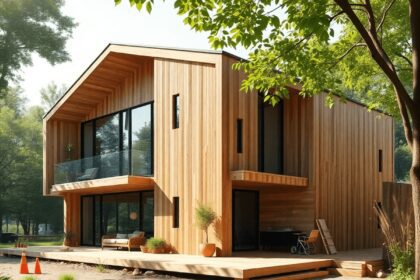 Un bâtiment moderne en construction avec des matériaux biosourcés, entouré d'une végétation luxuriante et d'arbres, la lumière du soleil filtrant à...