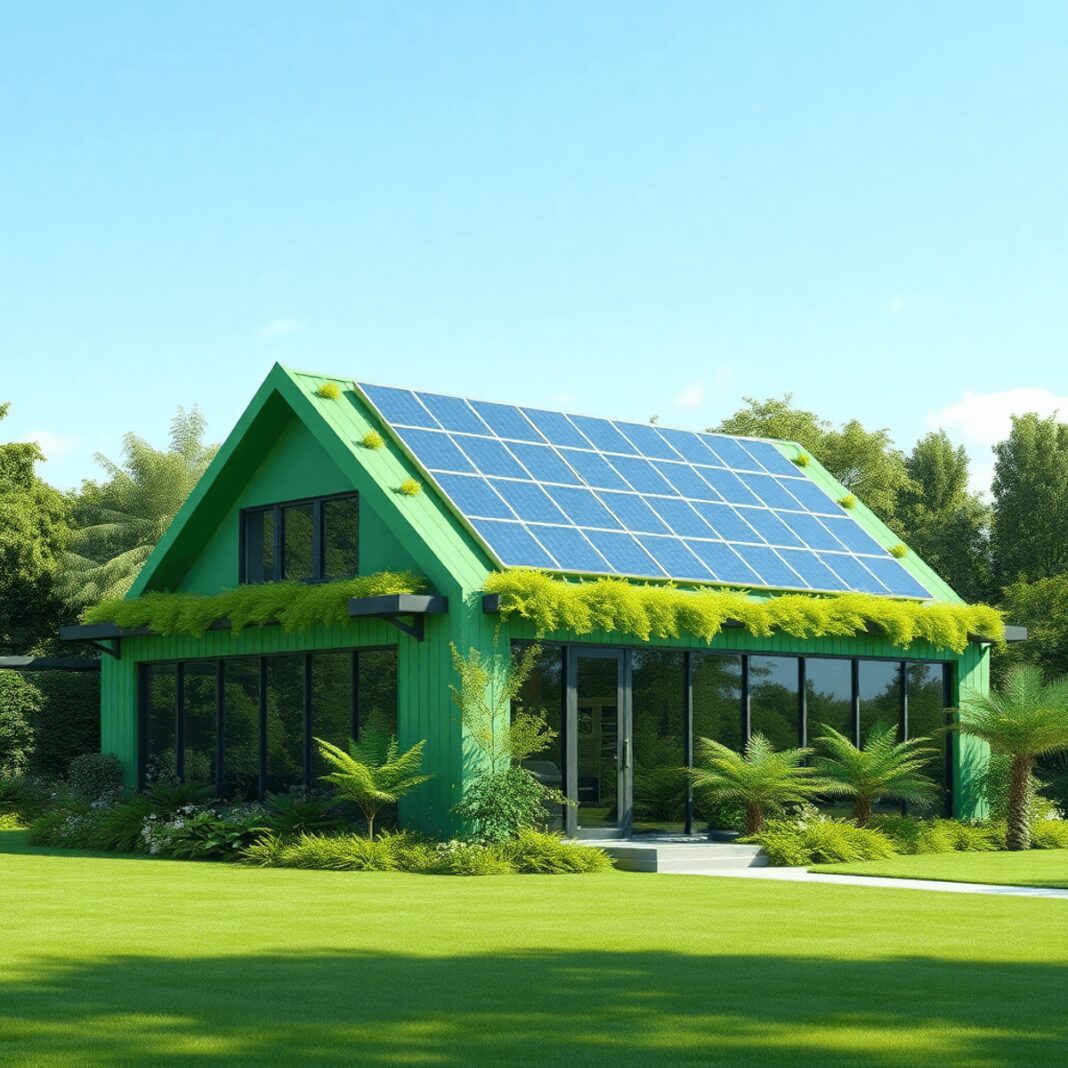 Un bâtiment moderne et écologique avec des panneaux solaires et une végétation abondante, doté de grandes fenêtres qui renforcent la lumière nature...