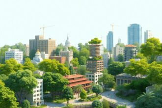 Un paysage urbain coloré avec des espaces verts, des arbres et de la faune, illustrant l'intégration de la nature et de l'architecture moderne dans...