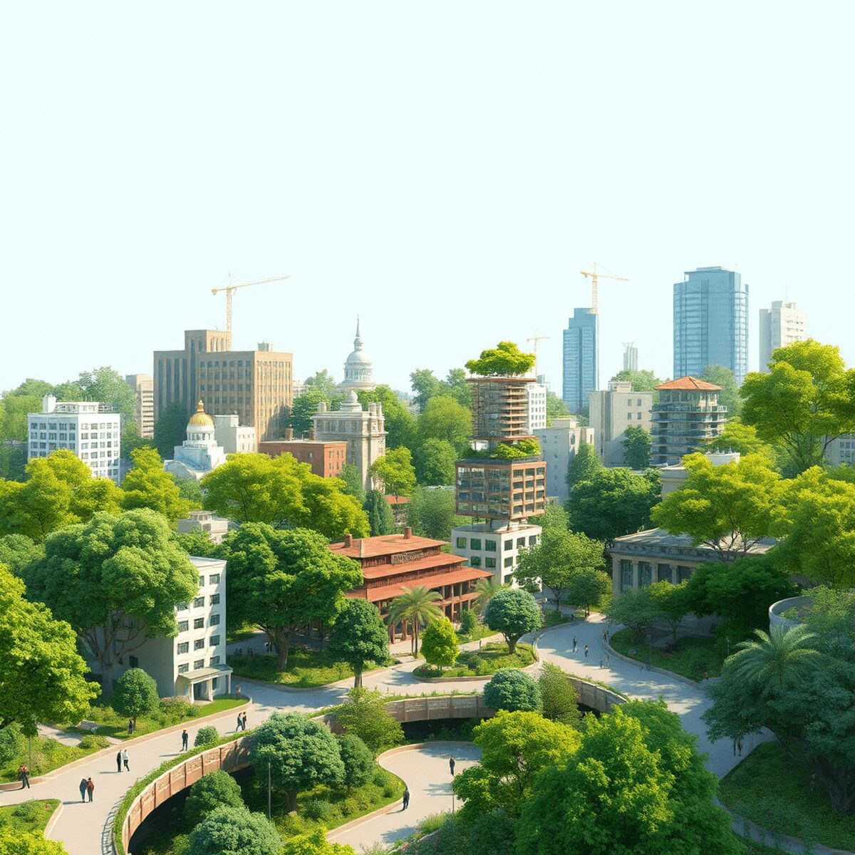 Un paysage urbain coloré avec des espaces verts, des arbres et de la faune, illustrant l'intégration de la nature et de l'architecture moderne dans...