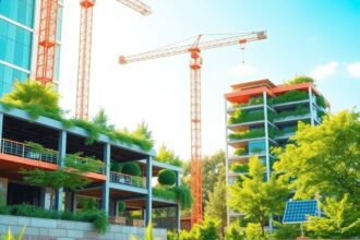 Un site de construction moderne mettant en avant des matériaux écologiques, des arbres intégrés et des panneaux solaires, le tout sous un ciel bleu...