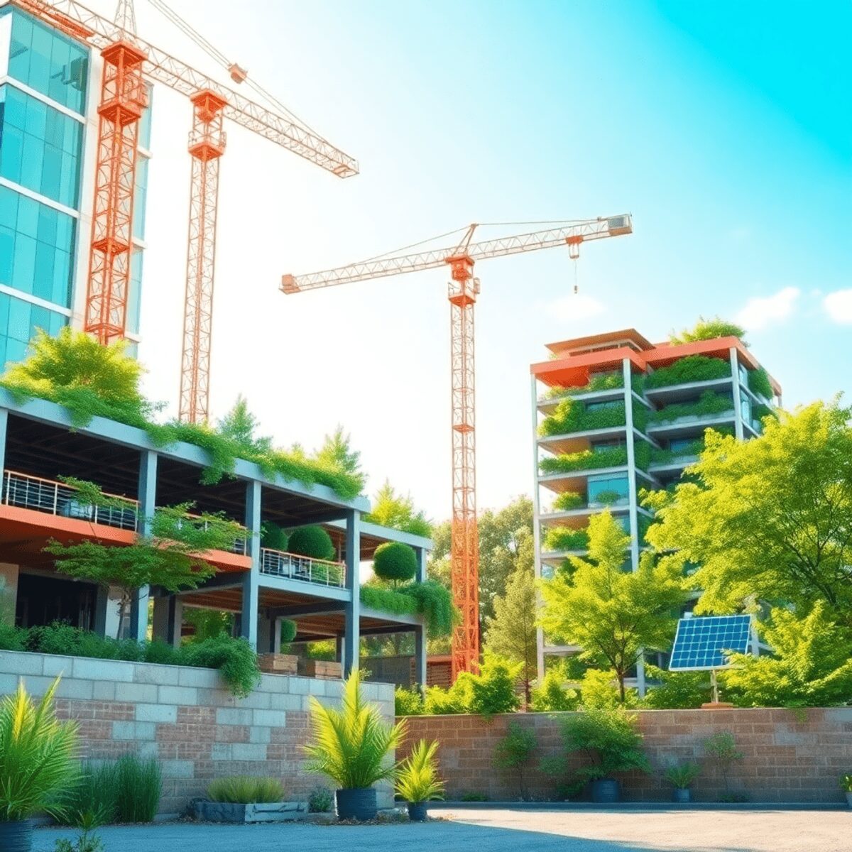 Un site de construction moderne mettant en avant des matériaux écologiques, des arbres intégrés et des panneaux solaires, le tout sous un ciel bleu...