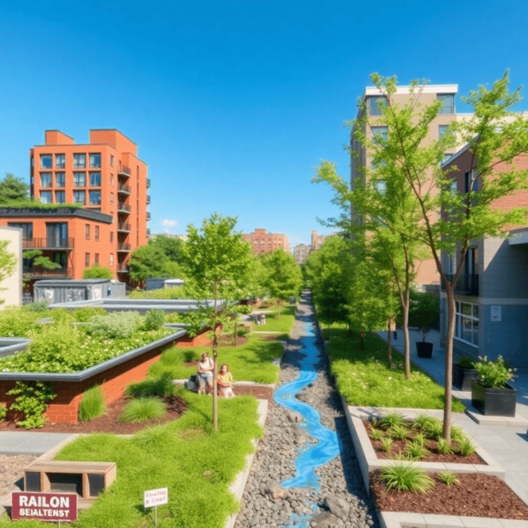 Une scène urbaine colorée avec des toits verts, des pavés perméables et des jardins de pluie sous un ciel bleu clair, présentant des solutions de g...