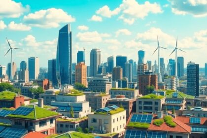 Une skyline de ville dynamique présentant une architecture moderne avec des toits verts, des panneaux solaires, des éoliennes et des systèmes de co...