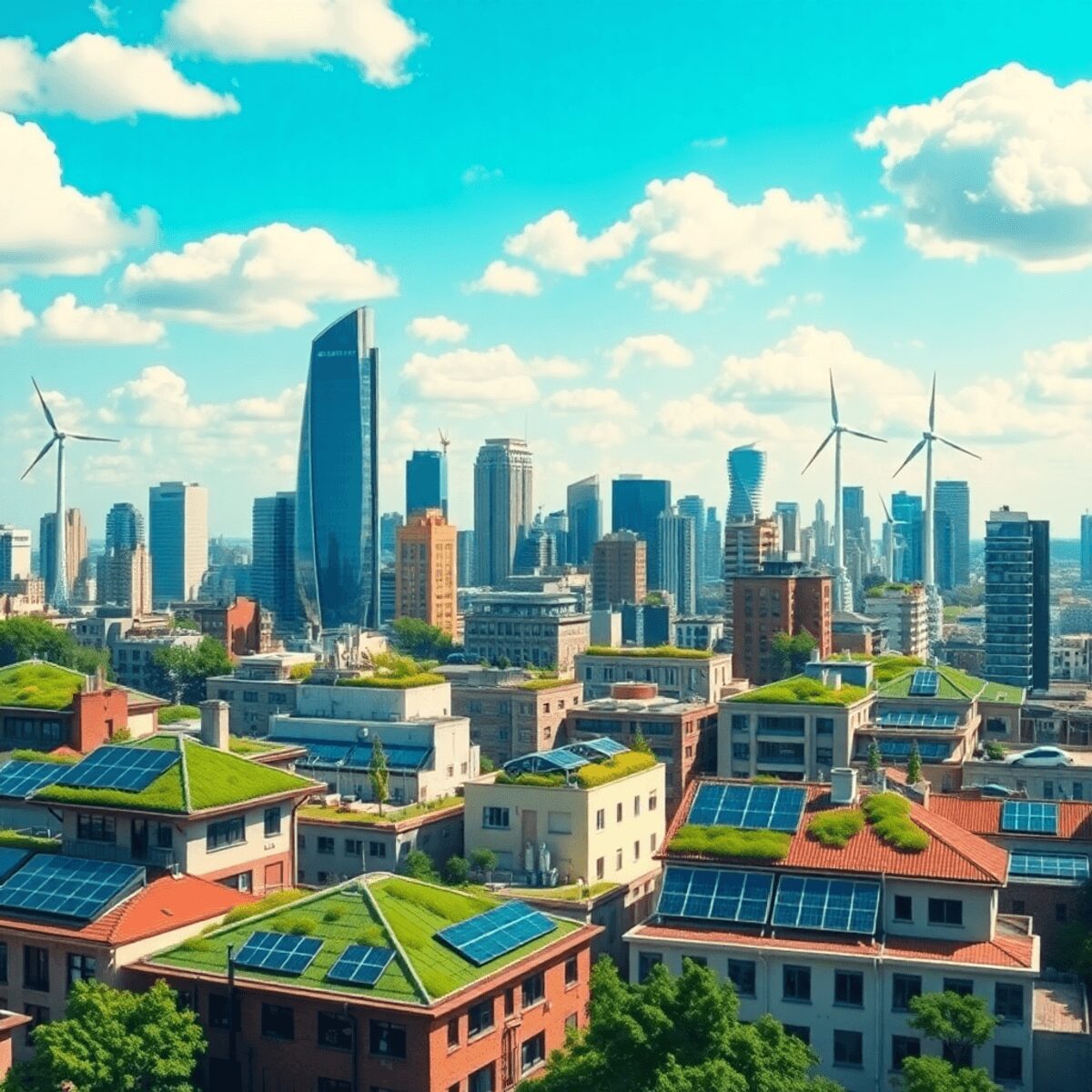 Une skyline de ville dynamique présentant une architecture moderne avec des toits verts, des panneaux solaires, des éoliennes et des systèmes de co...